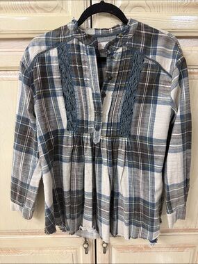 Plaid Button-Front Peasant Blouse with Lace Panels